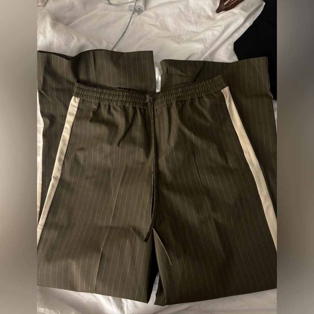 Zara Olive Green Pinstripe Wide-Leg Pants with Cream Side Trim